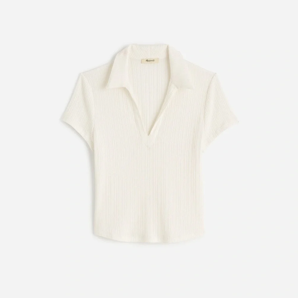 Madewell White Ribbed V-Neck Polo Tee - Picture 2 of 8
